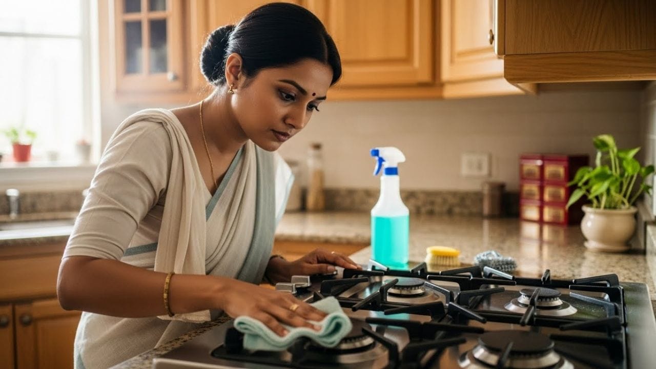 ધ્યાનમાં રાખો કે તમારે આ પેસ્ટને તે જગ્યા પર લગાવવી જોઈએ જ્યાં ખૂબ ગંદકી હોય. હવે સ્પોન્જનો ઉપયોગ કરીને આ પેસ્ટને ગંદા વિસ્તાર પર ફેલાવો. 10 મિનિટ રાહ જુઓ. 10 મિનિટ પછી ગરમ પાણી લો અને તેને ગેસ સ્ટવ પર રેડો.