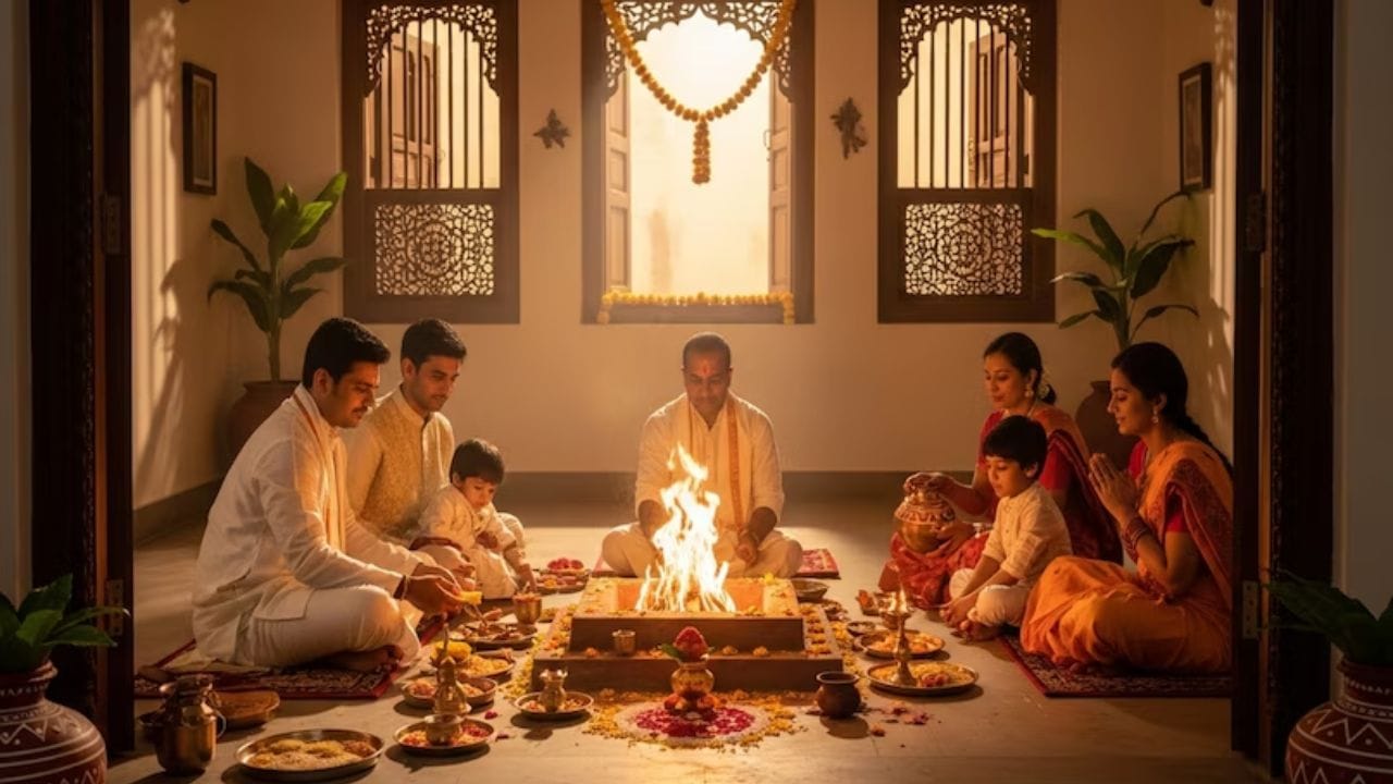 વેદ અને પુરાણો પારિવારિક જીવનને પાયા તરીકે વર્ણવે કરે છે. અથર્વવેદ અનુસાર, જ્યાં અગ્નિ, પાણી અને મંત્ર દ્વારા શુદ્ધિકરણ કરવામાં આવે છે, ત્યાં દૈવી શક્તિઓનો વાસ હોવાનું માનવામાં આવે છે. ગરુડ પુરાણ અને સ્કંદ પુરાણ જણાવે છે કે યોગ્ય ગૃહપ્રવેશની પૂજા ઘરમાં સુખ અને સમૃદ્ધિ જાળવી રાખે છે. યોગ્ય ધાર્મિક વિધિઓ વિના ઘરમાં પ્રવેશ કરવાથી જીવનમાં બેચેની અને અવરોધો આવી શકે છે.(Image Credit-AI)