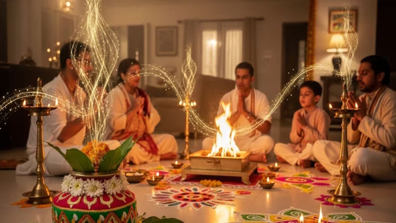 આધ્યાત્મિક દ્રષ્ટિકોણથી ગૃહઉષ્માભર્યું અને આધ્યાત્મિક રીતે પાંચ તત્વો સાથે જોડાયેલું માનવામાં આવે છે. કળશમાં પાણી રાખવાથી જળ તત્વ સંતુલિત થાય છે. હવન કરવાથી અગ્નિ તત્વ સક્રિય થાય છે. દીવો પ્રગટાવવાથી પ્રકાશ અને ઉર્જાનો સંચાર થાય છે. મંત્રોનો જાપ વાતાવરણમાં સકારાત્મકતા ફેલાવે છે. આ ક્રિયાઓ ઘરને શાંત અને મજબૂત ઉર્જાનું સ્થાન બનાવે છે. આ માટે પણ ઘરમાં રહેવા જતા પહેલા ગૃહપ્રવેશની પૂજા કરવી જોઈએ.(Image Credit-AI)