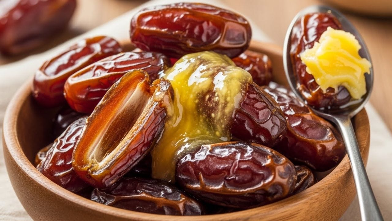 ખજૂર અને ઘીનું મિશ્રણ ત્વચાના સ્વાસ્થ્ય માટે જરૂરી પોષક તત્વો પૂરા પાડે છે. તે ત્વચાને ચમકદાર બનાવે છે, રંગ સુધારે છે અને વૃદ્ધત્વના સંકેતોને અટકાવે છે.