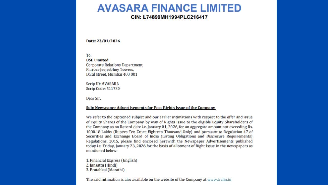 અવસરા ફાઇનાન્સ લિમિટેડે 21 જાન્યુઆરી 2026ના રોજ તેના રાઇટ્સ ઇશ્યૂ ફાળવણી સફળતાપૂર્વક પૂર્ણ કરી, જેમાં 10 રૂપિયા પ્રતિ શેરના1.00 કરોડ ઇક્વિટી શેર દ્વારા 1,000.18 લાખ એકત્ર કરવામાં આવ્યા હતા.