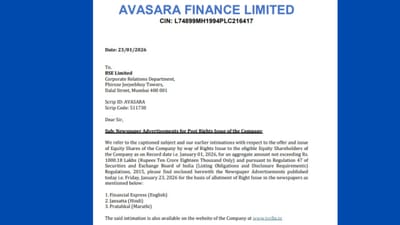 અવસરા ફાઇનાન્સ લિમિટેડે 21 જાન્યુઆરી 2026ના રોજ તેના રાઇટ્સ ઇશ્યૂ ફાળવણી સફળતાપૂર્વક પૂર્ણ કરી, જેમાં 10 રૂપિયા પ્રતિ શેરના1.00 કરોડ ઇક્વિટી શેર દ્વારા 1,000.18 લાખ એકત્ર કરવામાં આવ્યા હતા. 