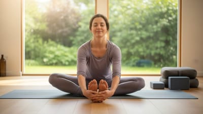 બદ્ધ કોનાસનને સામાન્ય રીતે બટરફ્લાય પોઝ તરીકે ઓળખવામાં આવે છે. આ આસન કરતી વખતે બંને પગના તળિયા એકબીજા સાથે જોડીને બેસવામાં આવે છે અને ઘૂંટણોને ધીમે ધીમે જમીન તરફ ઢીલાં છોડવામાં આવે છે. આ આસન જાંઘ, હિપ્સ અને ઘૂંટણના સાંધાઓને ખુલ્લા કરવામાં સહાય કરે છે, ( Credits: AI Generated )  