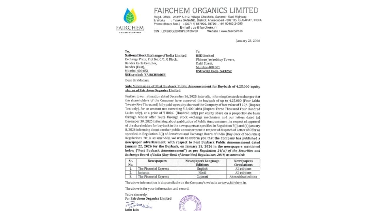 બાયબેક પૂર્ણ થયા બાદ, કંપનીએ SEBI નિયમો અનુસાર Post Buyback Public Announcement પણ પ્રકાશિત કર્યું છે. આ જાહેરાત 23 જાન્યુઆરી, 2026ના રોજ પ્રકાશિત કરવામાં આવી હતી, જેથી તમામ રોકાણકારોને પારદર્શક રીતે માહિતી મળી શકે.