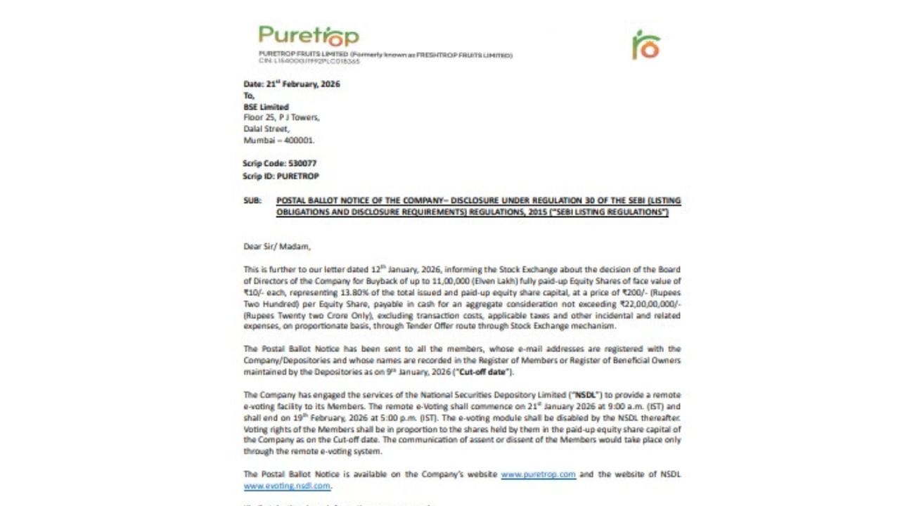 આ બાયબેક અંગેની પોસ્ટલ બેલેટ નોટિસ તે તમામ શેરધારકોને મોકલવામાં આવી છે, જેમના નામ 9 જાન્યુઆરી, 2026 ની કટ-ઓફ તારીખે કંપનીના સભ્યોના રજિસ્ટર અથવા ડિપોઝિટરીઝના રેકોર્ડમાં નોંધાયેલા છે. શેરધારકોને આ મહત્વપૂર્ણ પ્રસ્તાવ પર પોતાનો મત આપવા આમંત્રિત કરવામાં આવ્યા છે.