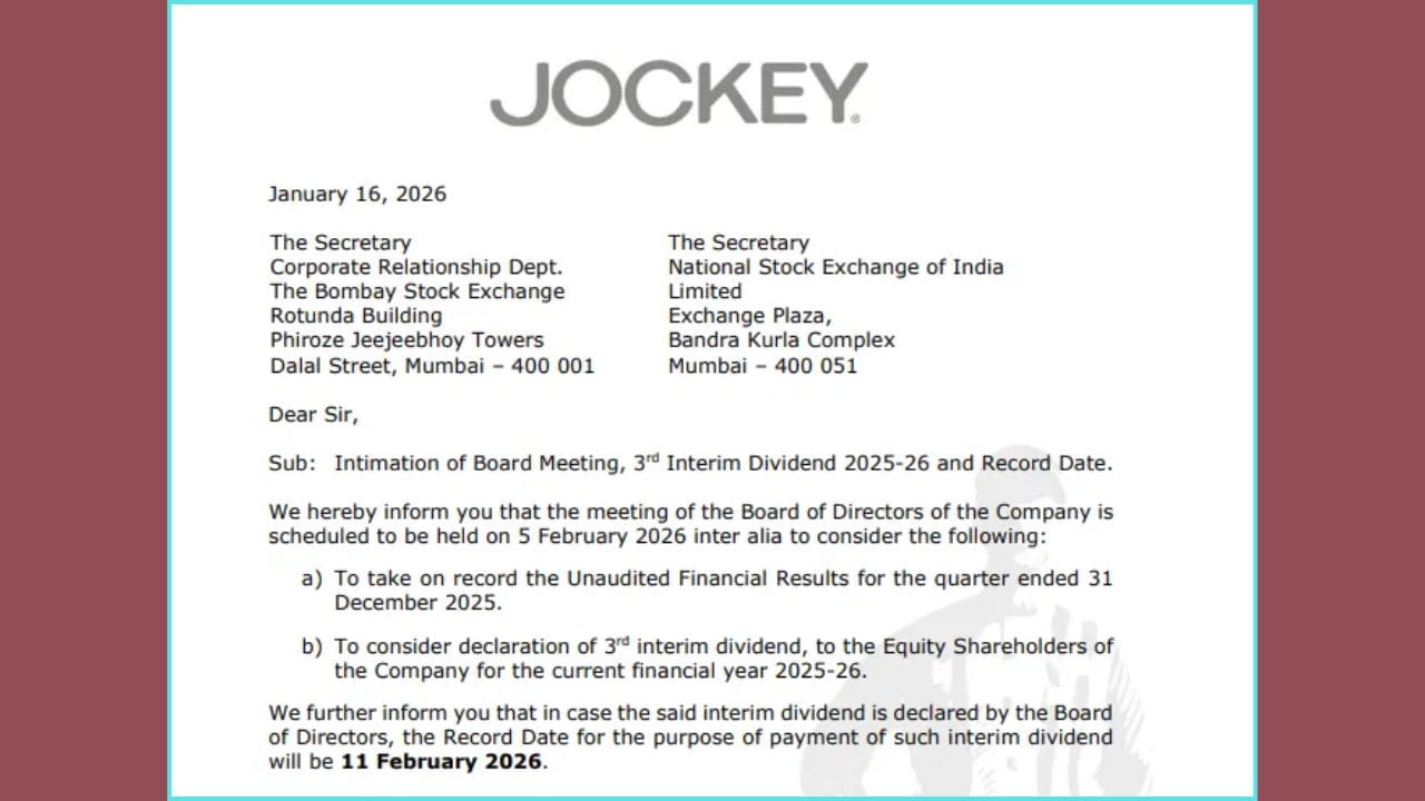 પેજ ઇન્ડસ્ટ્રીઝે જણાવ્યું છે કે, 5 ફેબ્રુઆરીના રોજ બોર્ડ ઓફ ડિરેક્ટર્સની બેઠક યોજાશે. આ બેઠકમાં ડિસેમ્બર ક્વાર્ટરના (ત્રિમાસિક ગાળાના) પરિણામ પર નિર્ણય લેવામાં આવશે. આ ઉપરાંત, બોર્ડ દ્વારા ચાલુ નાણાકીય વર્ષ માટેના ત્રીજા વચગાળાના (ઇન્ટરિમ) ડિવિડન્ડ અંગે પણ નિર્ણય લેવામાં આવશે. નોંધનીય છે કે, જો બોર્ડ દ્વારા ડિવિડન્ડ આપવાની મંજૂરી મળશે, તો તે માટે 11 ફેબ્રુઆરી 2026 'રેકોર્ડ ડેટ' નક્કી કરવામાં આવશે.