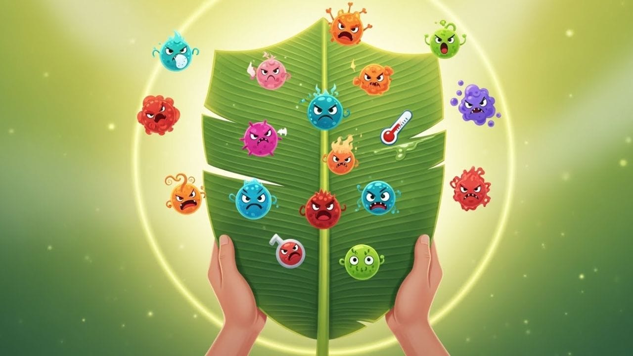 કેળના પાનમાં એન્ટીબેક્ટેરિયલ ગુણધર્મો પણ જોવા મળે છે. પાંદડાની સપાટી પર હાજર કેટલાક કુદરતી સંયોજનો હાનિકારક બેક્ટેરિયાના વિકાસને અટકાવે છે. આ કારણે ફૂડ પોઈઝનિંગનો ખતરો ઘટે છે અને ખોરાક વધુ સુરક્ષિત રહે છે. આ ઉપરાંત, કેળના પાનના બાહ્ય સ્તર પર રહેલા કુદરતી મીણ જેવા તત્વો પાચનમાં સહાય કરે છે. જ્યારે ગરમ ખોરાક પાંદડા પર પીરસવામાં આવે છે, ત્યારે આ સ્તર થોડી માત્રામાં પીગળે છે અને ખોરાકમાં પાચન માટે મદદરૂપ તત્વો છોડે છે. આ પ્રક્રિયા પાચન તંત્રને મજબૂત બનાવે છે અને પેટને સ્વચ્છ રાખવામાં મદદ કરે છે.