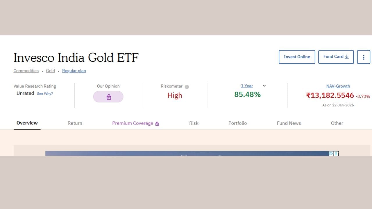 Invesco India Gold ETF: આ ETFએ એક અઠવાડિયામાં 6.54%નું રિટર્ન આપ્યું છે તેમજ આ કંપની 46 કંપનીઓમાંથી પહેલા નંબર પર છે. આ કંપનીએ પણ 85.48%નું રિટર્ન આપ્યું છે.  તેમજ તેની હાલની પ્રાઈઝ 13,182 રુપિયાની આસપાસ છે. 