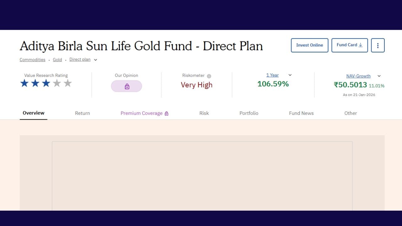 ABSL Gold Dir એક અઠવાડિયામાં 17%નું રિટર્ન આપ્યું છે. આ કંપની 23 કંપનીઓમાં સૌથી વધુ રિટર્ન આપતી પહેલી કંપની છે. આ કંપનીએ 1 વર્ષ દરમિયાના 106.59%નું રિટર્ન આપ્યું છે. હાલ આ ETFની માર્કેટ વેલ્યૂ 50 રુપિયાની આસપાસ છે. 