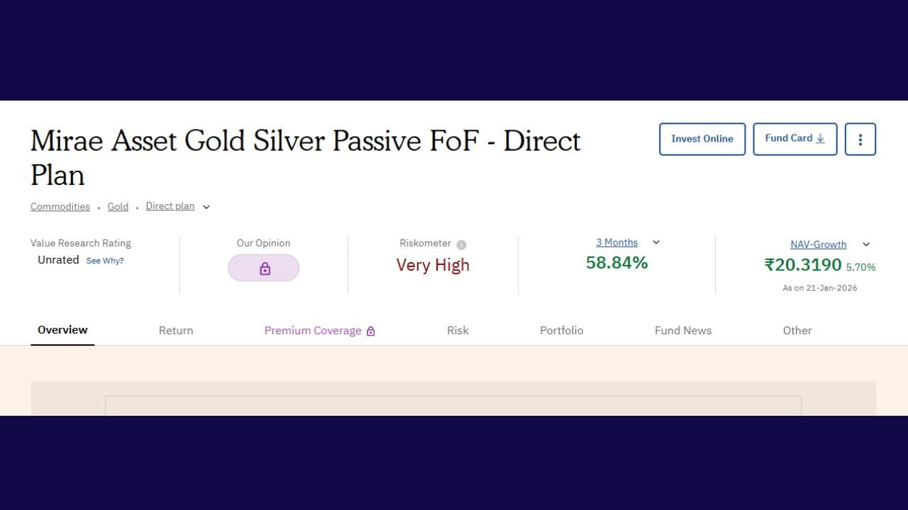 Mirae Asset Gold Silver Passive FoF Dir એ 14.83 % રિટર્ન આપ્યું છે. આ કંપની 23 કંપનીઓમાં 4 નંબર પર છે . તેમજ આ કંપનીએ 3 મહિનામાં 58.84% રિટર્ન આપ્યું છે. 