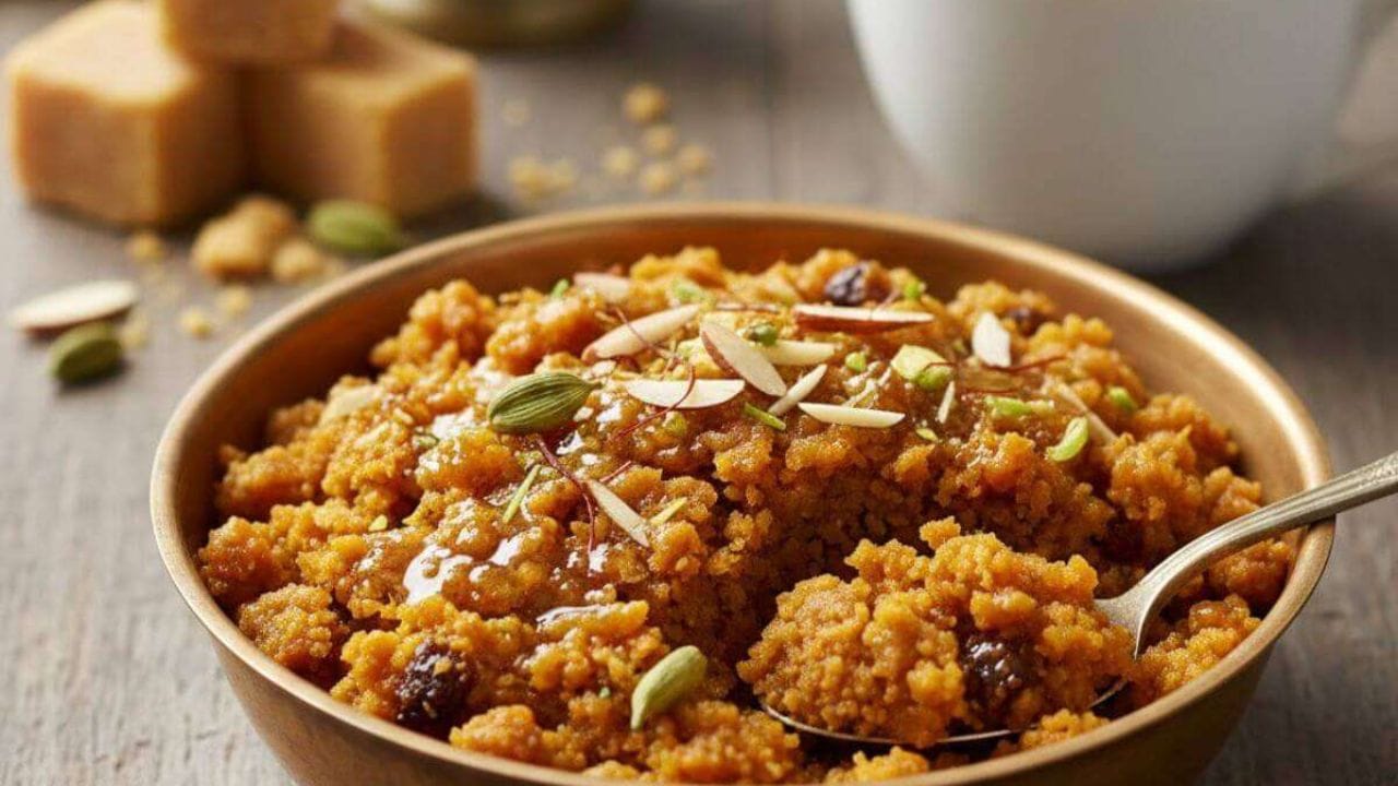 હવે શેકેલા લોટમાં ગોળનું પાણી ઉમેરો અને આંચ વધારીને સતત હલાવતા રહો. થોડા સમયમાં પાણી બાષ્પીભવન થઈ જશે અને હલવો ગાઢ બનવા લાગશે. અંતમાં એલચી પાવડર ઉમેરીને સારી રીતે મિક્સ કરો અને ઉપરથી બદામના ટુકડા છાંટો.