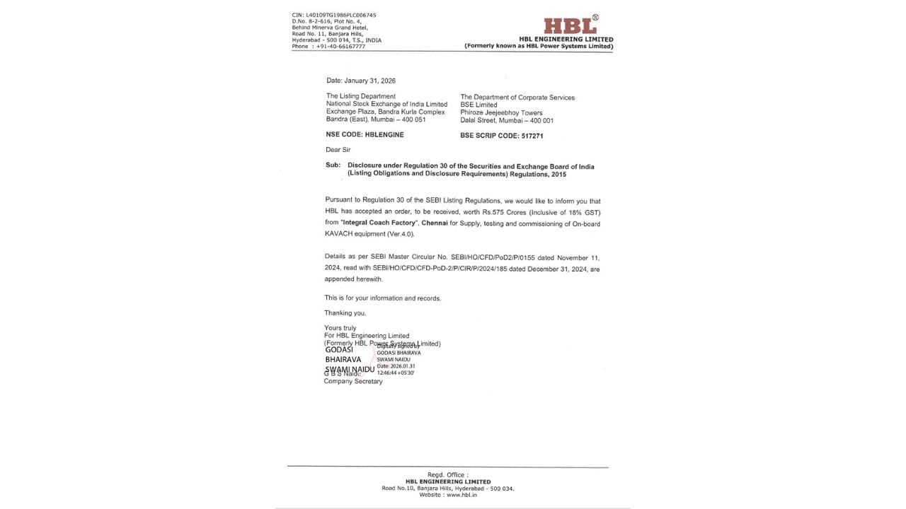 આ ઓર્ડરની કુલ કિંમત રૂપિયા 575 કરોડ છે, જેમાં 18% GSTનો સમાવેશ થાય છે. કરાર મુજબ આ સમગ્ર પ્રોજેક્ટ આગામી 12 મહિનાની અંદર પૂર્ણ કરવામાં આવશે, જે HBLની સમયબદ્ધ અને ગુણવત્તાસભર કામગીરી પ્રતિબદ્ધતાને દર્શાવે છે.