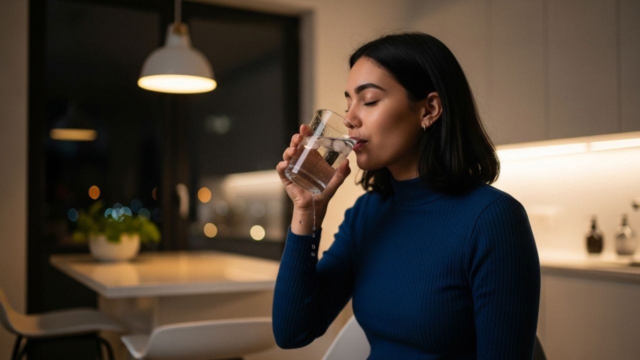 રાત્રે સૂતા પહેલાં પાણી પીવાથી શરીરમાં પાણીની ઉણપ થતી અટકાવી શકાય છે અને હાઇડ્રેશન જાળવાય છે. તે શરીરના તાપમાનને સમતોલ રાખવામાં મદદરૂપ બને છે. ઉપરાંત, કેટલાક લોકોને માઈગ્રેન અથવા માથાના દુખાવામાં પણ આ ટેવથી રાહત અનુભવાય છે. ( Credits: AI Generated )