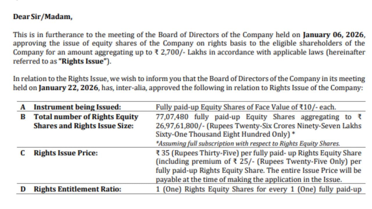 આ રાઇટ્સ ઇશ્યૂના અનુસંધાને, કંપનીના બોર્ડ ઑફ ડિરેક્ટર્સે 22 જાન્યુઆરી, 2026ના રોજ યોજાયેલી બેઠકમાં રાઇટ્સ ઇશ્યૂની શરતો અને માળખા અંગે મહત્વપૂર્ણ નિર્ણયો લીધા છે અને તે અંગેની મંજૂરી આપી છે.