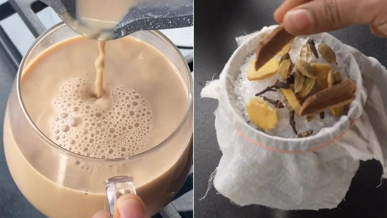 બીજા વાસણમાં ફુલ ક્રીમ દૂધને ધીમી આંચ પર ગરમ કરો. તેમાં એલચી અને કન્ડેન્સ્ડ દૂધ ઉમેરો. દૂધને ઉકળવા ન દેતા, આશરે 10થી 15 મિનિટ સુધી ધીમે ધીમે રાંધો, જ્યાં સુધી તે થોડું ઘટ્ટ ન થઈ જાય. એક કપમાં પહેલા તૈયાર કરેલો ચાનો ઉકાળો રેડો અને ત્યારબાદ ધીમે ધીમે ગરમ દૂધ ઉમેરો. ચાને વધારે હલાવશો નહીં, જેથી દૂધ અને ચાના સુંદર સ્તરો જળવાઈ રહે.