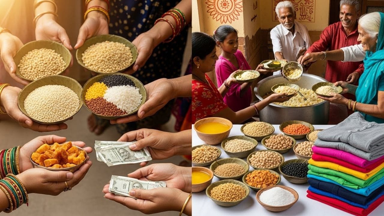 મકરસંક્રાંતિના દિવસે તલ, ગોળ, ચોખા, દાળ, પૈસા વગેરેનું દાન શુભ માનવામાં આવે છે. જરૂરિયાતમંદને ખીચડી અર્પણ કરવાથી ઘરમાં સુખ અને શાંતિ આવે છે. ઘી, સાત પ્રકારના અનાજ, મીઠું અને નવા કપડાંનું દાન કરવાથી લક્ષ્મીજીની કૃપા મળે છે, નકારાત્મકતા દૂર થાય છે અને પરિવારનું સ્વાસ્થ્ય સારું રહે છે. ( નોંધ :ટીવી9 કોઈ પણ પ્રકારે અંધશ્રદ્ધાને પ્રોત્સાહન આપતુ નથી. આ અહેવાલ માત્ર ધાર્મિક માન્યતા અને લોકોમાં પ્રચલિત માન્યતા, રીત રિવાજને આધારે રજૂ કરવામાં આવેલ છે. ) ( Credits: Getty Images )