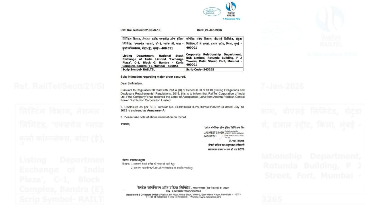 આ પ્રોજેક્ટ માટે રેલટેલને લેટર ઓફ એક્સેપ્ટન્સ (LoA) પ્રાપ્ત થયું છે, જે કંપનીની પસંદગી અને વિશ્વાસનું પ્રમાણપત્ર છે. મોટા પાયે ટેલિકોમ અને આઈટી સેવાઓ આપવાની રેલટેલની કુશળતા અને અનુભવોને કારણે આ ઓર્ડર મળ્યો છે.