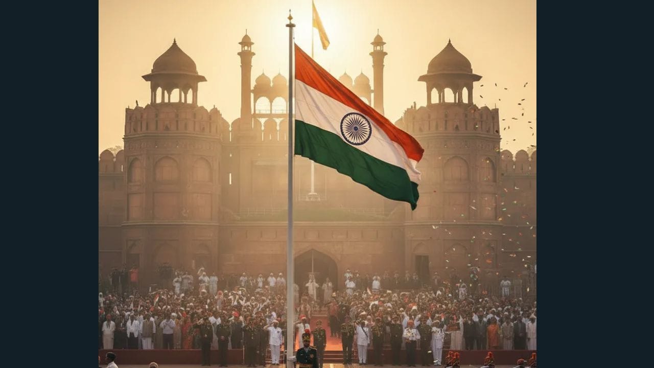 1 ધ્વજવંદન સમારોહ: ધ્વજવંદન એ પ્રજાસત્તાક દિવસની સૌથી પવિત્ર ક્ષણ છે. સફેદ પરંપરાગત પોશાકમાં ત્રિરંગો લહેરાવતા વ્યક્તિનો ફોટો રાષ્ટ્રીય આદર અને ગૌરવને પ્રતિબિંબિત કરે છે. સવારનો નરમ પ્રકાશ અને ભાવનાત્મક ચહેરાના હાવભાવ ફોટાને વધુ પ્રભાવશાળી બનાવે છે.( Prompt: A close-up shot of a person unfurling the Indian national flag during a Republic Day ceremony, wearing a simple white Indian ethnic dress, hands gently holding the flag rope, focused and proud expression, soft morning sunlight on the face, emotional and patriotic mood, shallow depth of field, realistic photography style, high detail, subtle tricolor decorations blurred in the background.) 