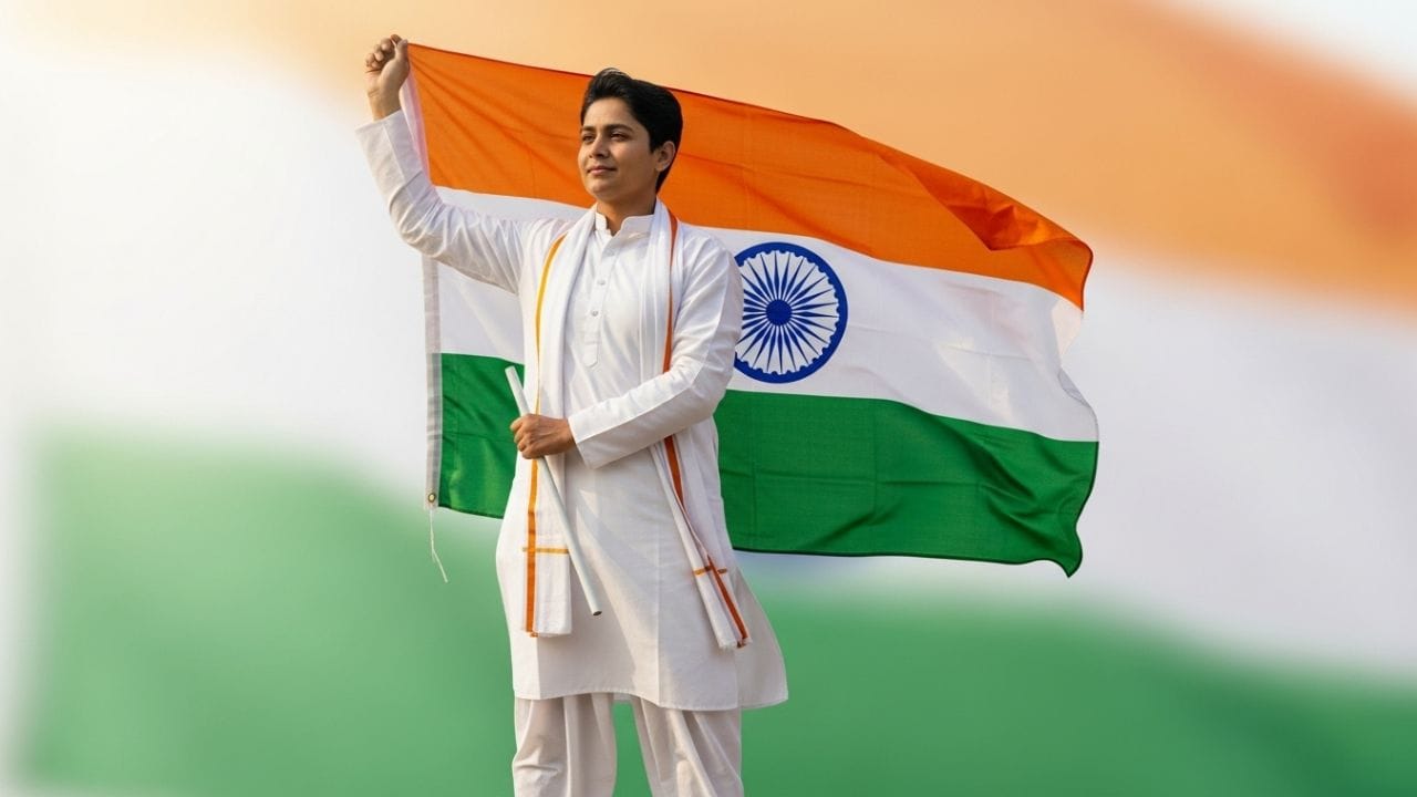 2. ત્રિરંગો પકડીને ફોટો: બંને હાથમાં ત્રિરંગો પકડીને શાંત પોઝમાં ઉભેલી વ્યક્તિ દેશ પ્રત્યે આદર અને જવાબદારી દર્શાવે છે. આછો કેસરી, સફેદ અને લીલો પૃષ્ઠભૂમિ ફોટોને સંતુલિત અને સુંદર બનાવે છે. ત્યારે ત્રિરંગો હાથમાં પકડીને ફોટો બનાવવા માંગો છો તો આ પ્રોમ્પ્ટ દાખલ કરો  (Prompt: A person holding a large Indian national flag (borderless) with both hands, wearing clean white Indian traditional clothes, standing confidently, neutral background with soft tricolor tones, natural lighting, realistic portrait photography, peaceful and patriotic expression)