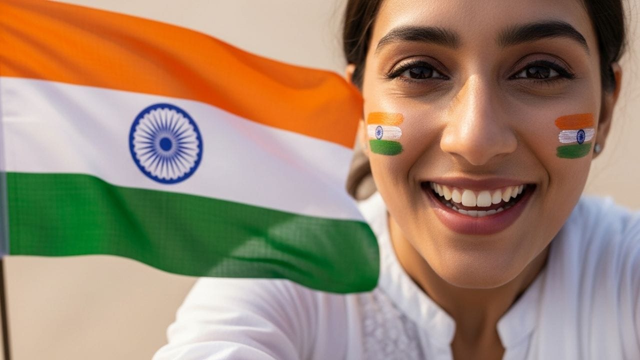 3. ત્રિરંગી ચહેરાના રંગ સાથે સેલ્ફી: ગાલ પર ત્રિરંગી રંગ અને ચહેરા પર સ્મિત, આવી સેલ્ફી સોશિયલ મીડિયા માટે યોગ્ય છે. તે યુવા ઉત્સાહ અને દેશભક્તિનું સંપૂર્ણ મિશ્રણ છે. (Prompt: Keep the facial features of the person in the image provided exactly 100% same. Create a close-up selfie of a person wearing a simple white ethnic dress, a small Tiranga painted on both cheeks, Indian national flag in the background, joyful smile, soft daylight, realistic selfie angle, Republic Day celebration vibe, high clarity) 