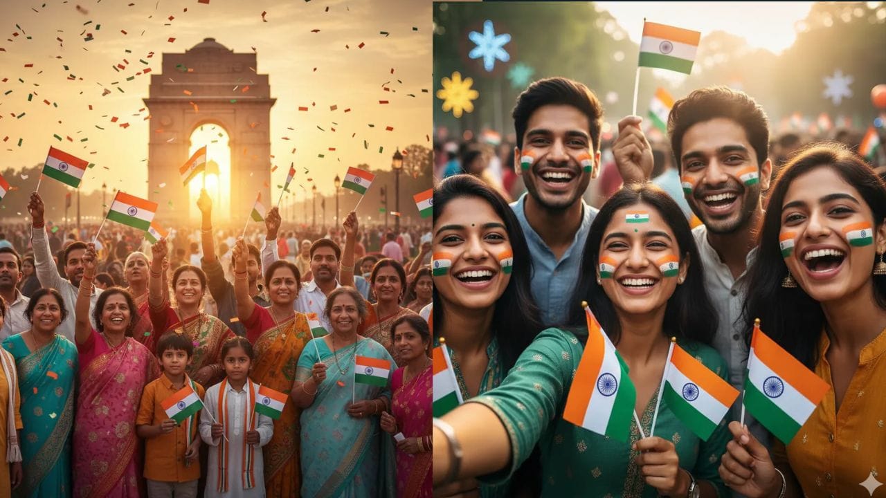 4. ત્રિરંગો પકડીને ફેમિલિ-ફ્રેન્ડ સાથે ફોટો: ત્રિરંગો પકડી રાખેલી મિત્રો અથવા પરિવાર સાથેના જૂથ ફોટા ભારતની "વિવિધતામાં એકતા" પ્રતિબિંબિત કરે છે. પૃષ્ઠભૂમિમાં તરતા ત્રિરંગી ફુગ્ગાઓ આ આનંદને વધુ વધારે છે. (Prompt: Keep the facial features of all the people in the photo exactly 100% same. Create a photo where this group of people is standing straight and facing the camera, all wearing white Indian clothes, holding a large Tiranga together with both hands, background decorated with saffron, white, and green balloons (flying in the air), bright lighting in daytime, joyful patriotic mood, realistic group photography)