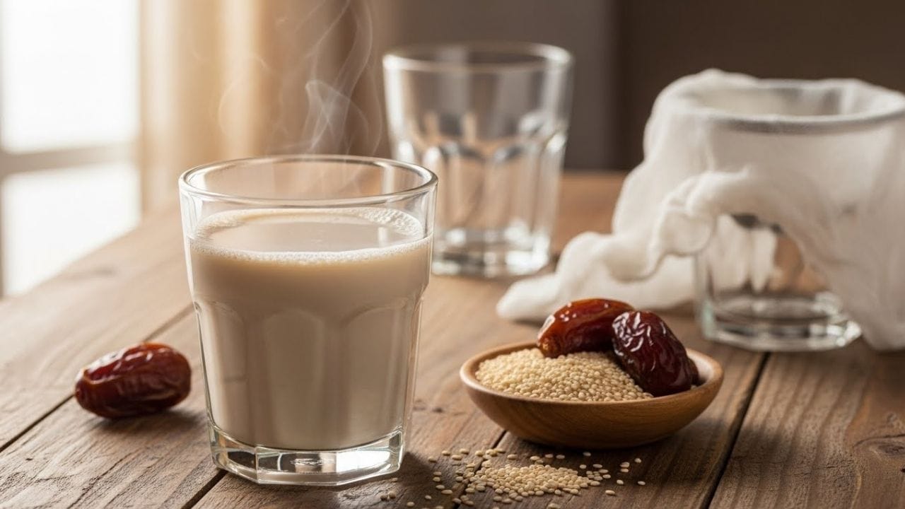 ડેરી પ્રોડક્ટ્સથી એલર્જી ધરાવતા લોકો કે જેમને કેલ્શિયમનું પ્રમાણ વધારવું હોય તેમના માટે આ એક ઉત્તમ વિકલ્પ બની શકે છે. રાત્રે તલને પાણીમાં પલાળી રાખીને સવારે તેને પાણી અને ખજૂર સાથે ભેળવી ગાળી લો અને હળવું ગરમ કરીને પીવો. આ રીતે પીવાથી શરીરને જરૂરી વિટામિન અને ખનિજ તત્ત્વો સરળતાથી પ્રાપ્ત થાય છે. ( Credits: AI Generated )