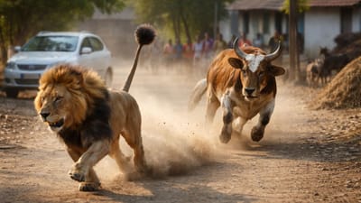 લો બોલો સાવજનો દાંવ થઈ ગયો, અચાનક ગાયને જોઈ ઉભી પૂંછડીએ ભાગ્યા વનરાજ- Video