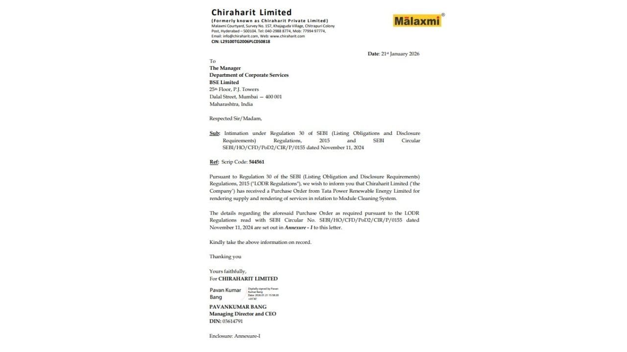 આ ખરીદીનો ઓર્ડર સોલાર પ્રોજેક્ટ્સમાં ઉપયોગમાં આવતી મોડ્યુલ ક્લિનિંગ સિસ્ટમના સપ્લાય અને સંબંધિત સેવાઓ માટે આપવામાં આવ્યો છે. આ ઓર્ડર દ્વારા Chiraharit Limitedના રિન્યુએબલ એનર્જી ક્ષેત્રમાં કાર્યક્ષેત્રને વધુ મજબૂતી મળશે.