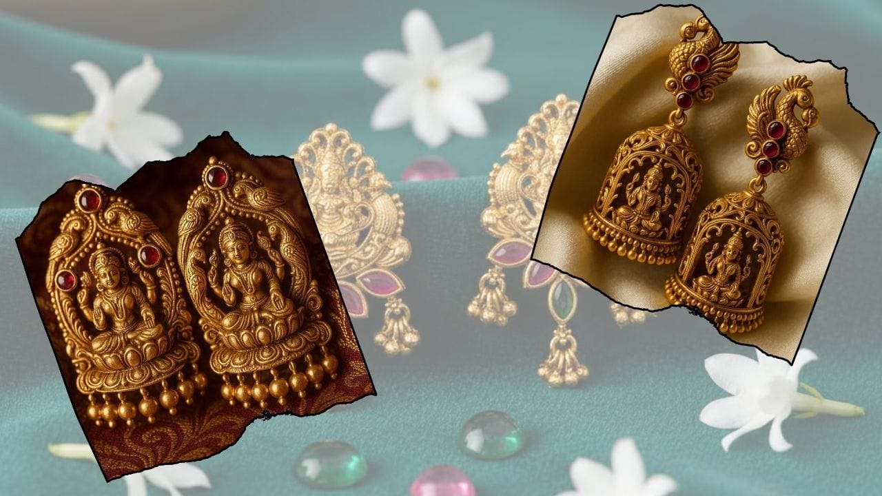 માતા લક્ષ્મી ડિઝાઇન ઈયરિંગ્સ:
માતા લક્ષ્મીની મૂર્તિ અથવા ફેસવાળા હેવી ઈયરિંગ્સ લહેંગા અને સાડી સાથે ખૂબ જ ક્લાસી લાગે છે. આ ડિઝાઇન ફેસ્ટિવ વાઇબ આપે છે અને તમારા લુકને રોયલ બનાવે છે. (Image Credit Source: Google)
