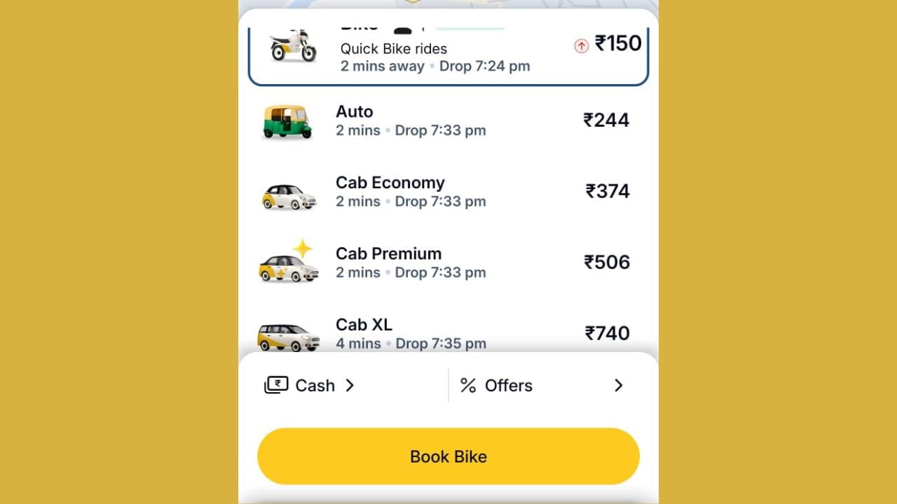 ભારત ટેક્સીનું (ઇકોનોમી) ભાડું ઉબેર કરતા થોડું વધારે હતું, જોકે ઓલા કરતા ઓછું હતું. ભારત ટેક્સીના સેડાન કારના ભાડા ઓલા અને ઉબેર કરતા થોડા ઓછું હતું.