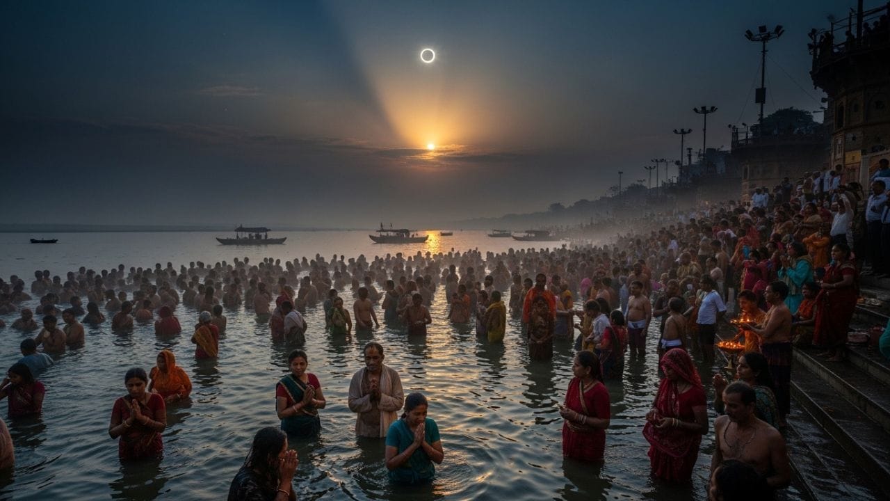 સ્નાન અને દાનનું મહત્વ:

ગ્રહણ પહેલાં અને બાદમાં સ્નાન કરવું શુભ માનવામાં આવે છે. ગંગા, નર્મદા, યમુના અથવા શિપ્રા જેવી પવિત્ર નદીઓમાં સ્નાન કરવું પુણ્યદાયક માનવામાં આવે છે.
ગ્રહણ પૂર્ણ થયા પછી દાન કરવાનું વિશેષ મહત્વ છે. દૂધ, કાળા કપડા, કાળી ઉડદ, સાત પ્રકારના અનાજ અને સફેદ વસ્ત્રોનું દાન શુભ માનવામાં આવે છે. (Image Credit source: AI)