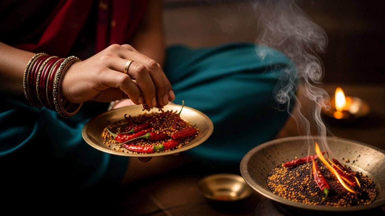 ખરાબ નજર દૂર કરવા માટે, ખરાબ નજરથી પ્રભાવિત  વ્યક્તિની આસપાસ લાલ મરચાં અને સરસવ હાથમાં લઈને પાંચ વખત ફેરવો. પછી આ બંને વસ્તુઓને અગ્નીમાં સળગાવી દો. માન્યતા મુજબ આ ઉપાય નકારાત્મક અસર ઘટાડવામાં મદદરૂપ માનવામાં આવે છે. ( Credits: AI Generated )