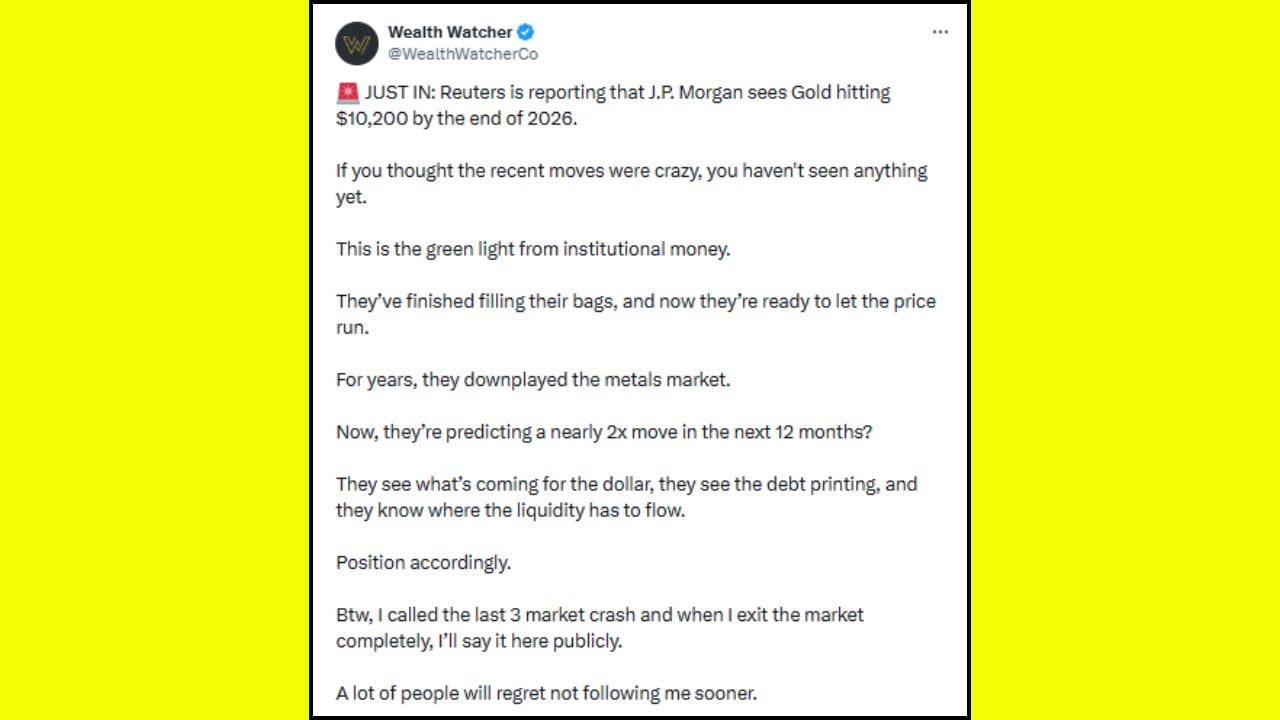 Wealth Watcher ની ટ્વિટર પોસ્ટ અનુસાર, મોટા સંસ્થાકીય રોકાણકારો અત્યારે ડોલરના નબળા પડતા ભવિષ્ય અને 'ડેટ પ્રિન્ટિંગ' (દેવા સામે છપાતી નવી કરન્સી) ના જોખમોને સ્પષ્ટપણે જોઈ રહ્યા છે. તેઓ સારી રીતે જાણે છે કે, જ્યારે કરન્સીની વેલ્યુ ઘટશે, ત્યારે બજારની તમામ લિક્વિડિટી (રોકડ પ્રવાહ) અંતે સોના અને કિંમતી ધાતુઓ તરફ જ વળશે. આ સ્થિતિને જોતા, રોકાણકારોને ચેતવણી આપવામાં આવી છે કે, તેઓ પોતાની પોઝિશન અત્યારથી જ તે મુજબ ગોઠવી લે.