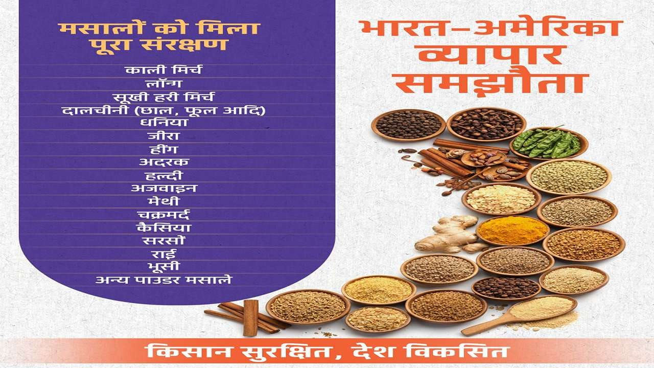 ભારતના તેજાના વિશ્વના અનેક દેશમાં નિકાસ થાય છે. સારી ગુણવત્તાના મરી મસાલા ભારતમાંથી અન્ય દેશમાં નિકાસ કરી શકાય તે માટે અમેરિકાના મરી મસાલાને વ્યાપાર કરારમાંથી મુક્ત રાખવામાં આવ્યા છે. જેમા મરચુ, લવિંગ, સુકા મરચા, તજ, ધાણાજીરુ, જીરુ, હીંગ, આદુ, હળદર, અજમો, મેથી, રાઈ, અન્ય મરી મસાલાનો સમાવેશ થાય છે. 