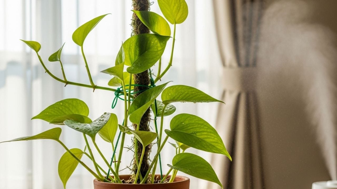 મની પ્લાન્ટ તેજસ્વી પરંતુ સીધો નહીં એવા પ્રકાશમાં સારી રીતે ઉગે છે. યોગ્ય પ્રકાશ મળે તો પાંદડા ચમકદાર અને મોટા બને છે, જ્યારે ઓછા પ્રકાશમાં પાંદડા નાના રહી જાય છે. ( Credits: AI Generated )