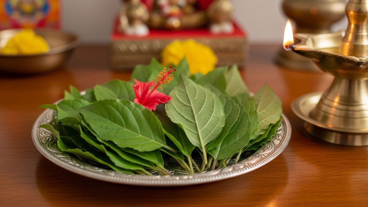 પૂજામાં ચઢાવેલા તુલસીના પાન ફરીથી વાપરી શકાય છે. જો નવા પાન ન મળે તો જૂના પાનનો ઉપયોગ કરવો માન્ય છે, કારણ કે તુલસીને સ્વયં શુદ્ધ માનવામાં આવે છે અને તે વાસી ગણાતી નથી. ( Credits: AI Generated )
