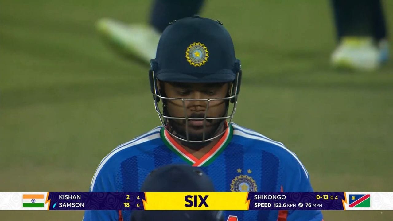 સંજુ સેમસને ચોથા બોલ પર છગ્ગા સાથે ખાતું ખોલ્યું. ત્યારબાદ બીજી ઓવરમાં ફાસ્ટ બોલર બેન શિકોન્કો સામે બે છગ્ગા અને એક ચોગ્ગો ફટકાર્યો. તેના બધા રન બાઉન્ડ્રીમાંથી આવ્યા, જેના કારણે શરૂઆત ઘણી આશાસ્પદ લાગી.