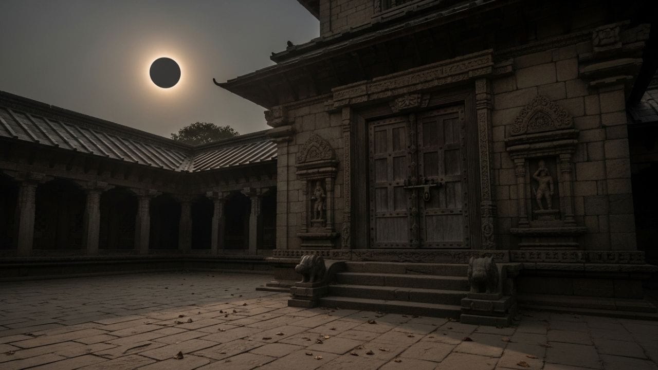 
ગ્રહણ દરમિયાન શું કરવું?

ગ્રહણ દરમિયાન સુતક કાળ માનવામાં આવે છે. આ સમયમાં મંદિરના દ્વાર બંધ રાખવામાં આવે છે અને પૂજા-પાઠ કરવું ટાળવામાં આવે છે. પરંતુ અંતર્મનમાં ભગવાનનું સ્મરણ, મંત્રજાપ અને ધાર્મિક ગ્રંથોનું પઠન કરી શકાય છે. (Image Credit source: AI)
