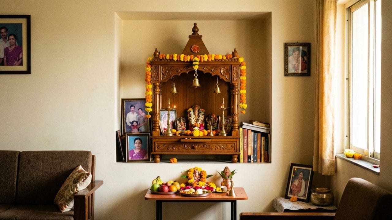 મંદિર: ઘરનું સૌથી પવિત્ર સ્થાન એટલે મંદિર. વાસ્તુ મુજબ ઘરનું મંદિર હંમેશા ઉત્તર-પૂર્વ (ઈશાન) અથવા પૂર્વ દિશામાં હોવું જોઈએ. મંદિરમાં આછા અને શાંત રંગો કરાવવા શુભ ગણાય છે. યાદ રાખો કે મંદિર ક્યારેય બાથરૂમ કે રસોડાની દીવાલને અડીને ન હોવું જોઈએ.