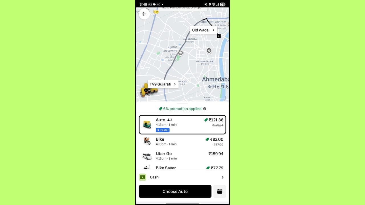 ઉબેર પર TV9 ગુજરાતીથી જૂના વાડજ જવા માટે ઓટોનું ભાડું ₹121.86 છે. બાઇક રાઇડ માટે ₹82 અને ઉબેર ગો (કાર) માટે ₹159.94 ભાડું નિર્ધારિત કરવામાં આવ્યું છે.
