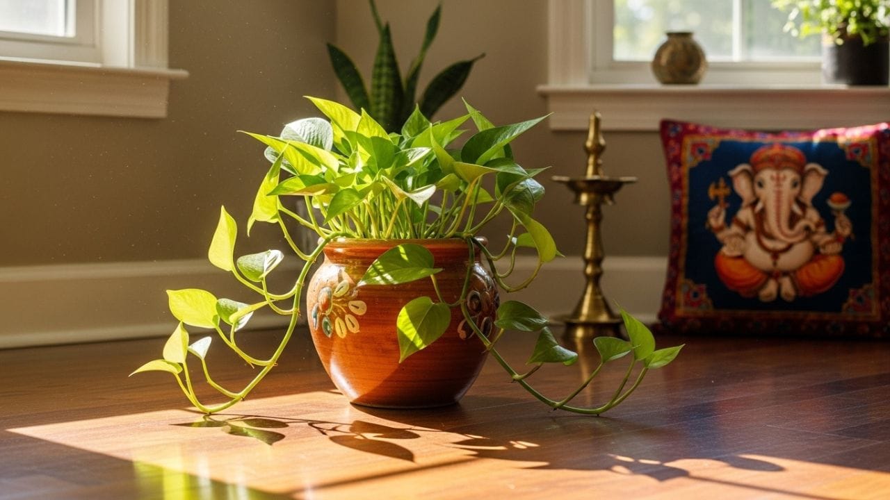 વાસ્તુશાસ્ત્ર અનુસાર મની પ્લાન્ટને ઘરમાં શુભતાનું પ્રતીક માનવામાં આવે છે. આ છોડ ઘરનું વાતાવરણ સ્વચ્છ અને સકારાત્મક બનાવવામાં મદદ કરે છે તથા નકારાત્મક ઊર્જાનો પ્રભાવ ઓછો કરે છે. માન્યતા છે કે જ્યાં મની પ્લાન્ટ સારી રીતે વિકસે છે અને હરિયાળો રહે છે, ત્યાં સુખ-શાંતિ સાથે આર્થિક સ્થિરતા પણ રહેતી હોય છે. ( Credits: AI Generated )