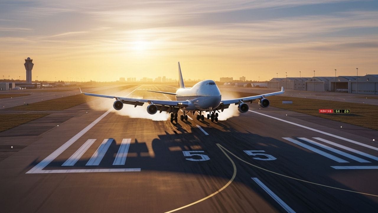 વિમાન જ્યારે લેન્ડિંગ કરે છે ત્યારે તેની ઝડપ સામાન્ય રીતે લગભગ 230 થી 260 કિમી પ્રતિ કલાક રાખવામાં આવે છે. આ ગતિ સુરક્ષિત રીતે રનવે પર ઉતરવા માટે યોગ્ય માનવામાં આવે છે. જો ઝડપ વધારે હોય તો લેન્ડિંગ જોખમી બની શકે છે, તેથી નિયંત્રિત ગતિ જ રાખવામાં આવે છે. ( Credits: AI Generated )