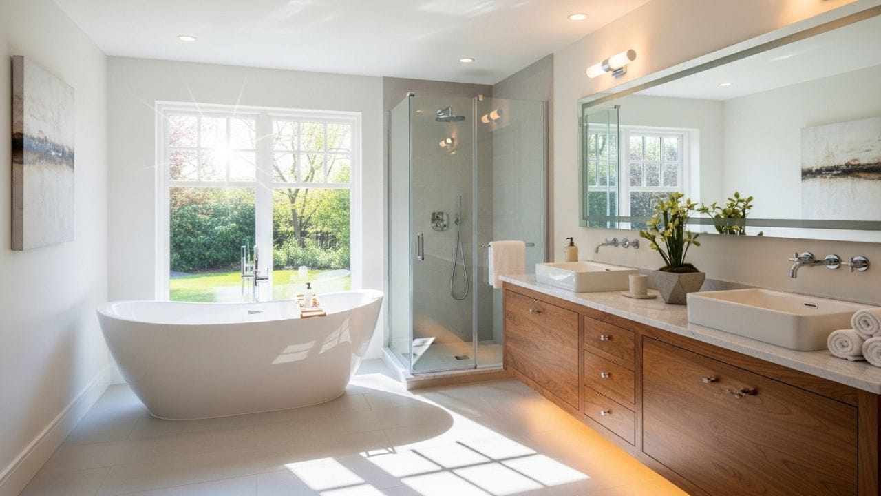 બાથરૂમ એ એવી જગ્યા છે જ્યાં માણસ સ્નાન કરે અને શરીર સ્વચ્છ રાખે. તેમાં સામાન્ય રીતે શાવર અથવા બાથટબ અને વોશબેસિન હોય છે, અને ક્યારેક ટોઇલેટ સીટ પણ જોડાયેલી હોય છે. ભારતમાં લોકો ઘણીવાર "બાથરૂમ" શબ્દનો ઉપયોગ સ્નાન અને ટોઇલેટ બંને માટે કરે છે, પરંતુ તેનો સાચો અર્થ સ્નાન કરવા માટેનું સ્થાન છે. વિદેશોમાં આ શબ્દ મુખ્યત્વે સ્નાન વિસ્તાર માટે જ વપરાય છે. ( Credits: AI Generated )