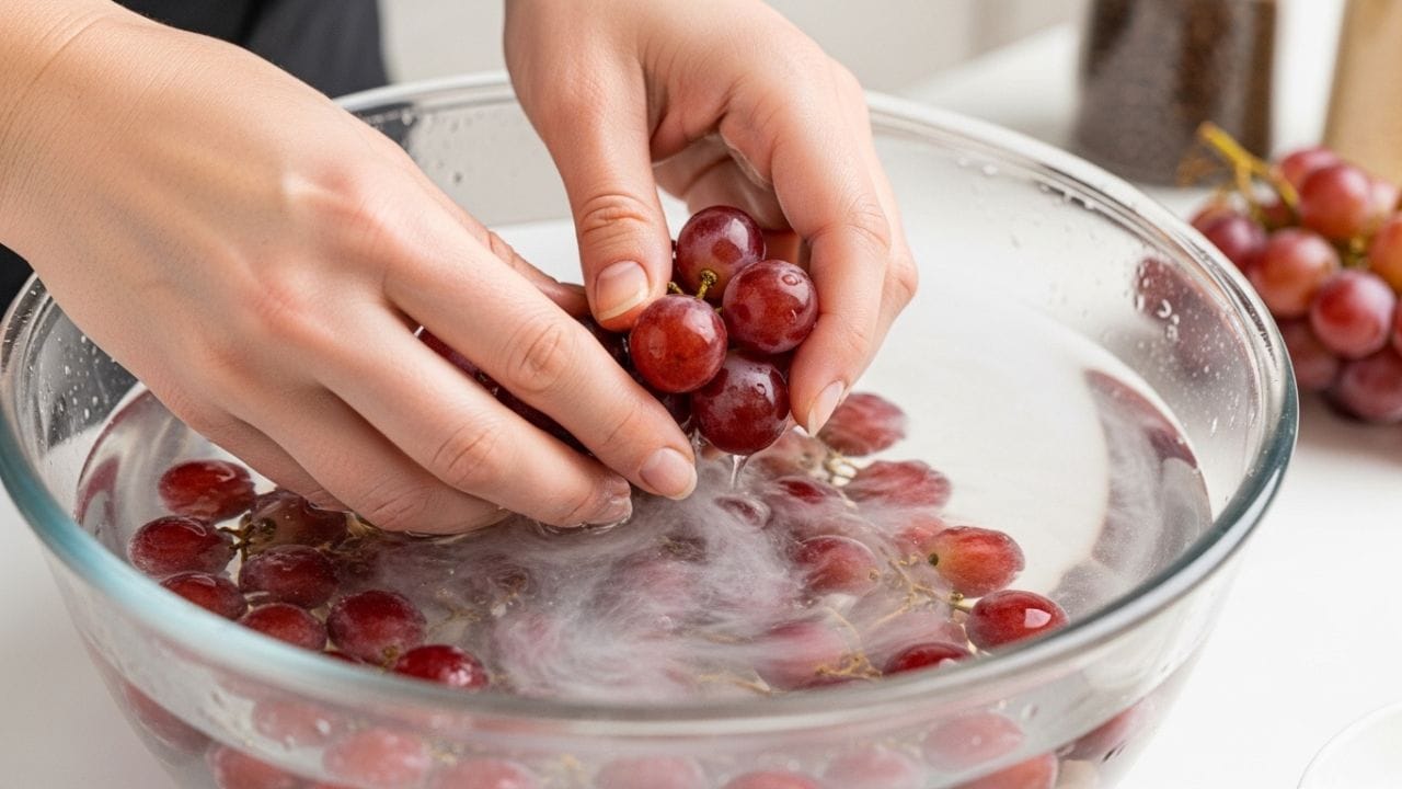 દ્રાક્ષ સાફ કરવા માટે બેકિંગ સોડાનો ઉપયોગ કરવો એક સારી અને અસરકારક રીત માનવામાં આવે છે. બેકિંગ સોડા ઘણા પ્રકારના જંતુનાશકના અંશો ઘટાડવામાં મદદ કરે છે. તેના માટે એક લિટર પાણીમાં એક ચમચી બેકિંગ સોડા ભેળવો અને દ્રાક્ષને તેમાં અંદાજે 10–15 મિનિટ સુધી પલાળી રાખો. પછી દ્રાક્ષને હાથથી હળવે હાથે ઘસો જેથી ઉપર લાગેલી ગંદકી અને રસાયણ છૂટે. અંતમાં, સ્વચ્છ પાણીથી ફરી એકવાર સારી રીતે ધોઈ લો. આ રીતે દ્રાક્ષ વધુ સ્વચ્છ અને સુરક્ષિત બને છે. ( Credits: AI Generated )
