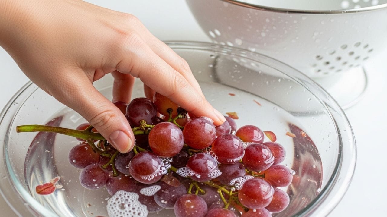 સફેદ વિનેગર દ્રાક્ષ સાફ કરવા માટે એક સરળ અને કુદરતી રીત છે. તે ઉપર લાગેલા રસાયણના અંશ ઘટાડવામાં મદદ કરે છે અને સાથે બેક્ટેરિયા તથા ફૂગ જેવા જીવાણુઓને પણ ઓછા કરે છે. તેના માટે એક ભાગ વિનેગર અને ત્રણ ભાગ પાણી ભેળવી દ્રાક્ષને તેમાં 5 થી 10 મિનિટ સુધી પલાળી રાખો. પછી દ્રાક્ષને સ્વચ્છ પાણીથી સારી રીતે ધોઈ લો જેથી સરકાની ગંધ દૂર થઈ જાય. ખાસ કરીને જ્યારે દ્રાક્ષ ઘણા લોકોના હાથમાંથી પસાર થઈ હોય અથવા લાંબા સમયથી રાખેલી હોય, ત્યારે આ રીત વધુ ઉપયોગી સાબિત થાય છે. ( Credits: AI Generated )