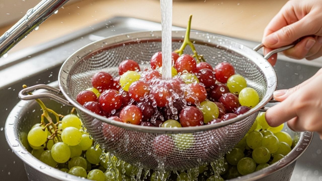 આરોગ્ય સંબંધિત માહિતી આપતી વેબસાઇટ Econugenics મુજબ, દ્રાક્ષ સાફ કરવાની શરૂઆત હંમેશા ઠંડા વહેતા પાણીથી કરવી જોઈએ. દ્રાક્ષને મોટા બાઉલ કે ચાળણીમાં મૂકી નળ નીચે આશરે 20–30 સેકન્ડ સુધી ધોઈ લો. પછી હાથથી ધીમે ધીમે હલાવી અને ઘસીને તેની ઉપર લાગેલી ધૂળ અને ગંદકી દૂર કરો. આ રીતે ધોવાથી બધા જંતુનાશક પૂરેપૂરા દૂર નથી થતા, પરંતુ ઉપરનો કચરો અને કેટલીક રસાયણિક પરત ઘટે છે. આ પગલું આગળની વધુ સારી સફાઈ માટે મદદરૂપ બને છે. ( Credits: AI Generated )