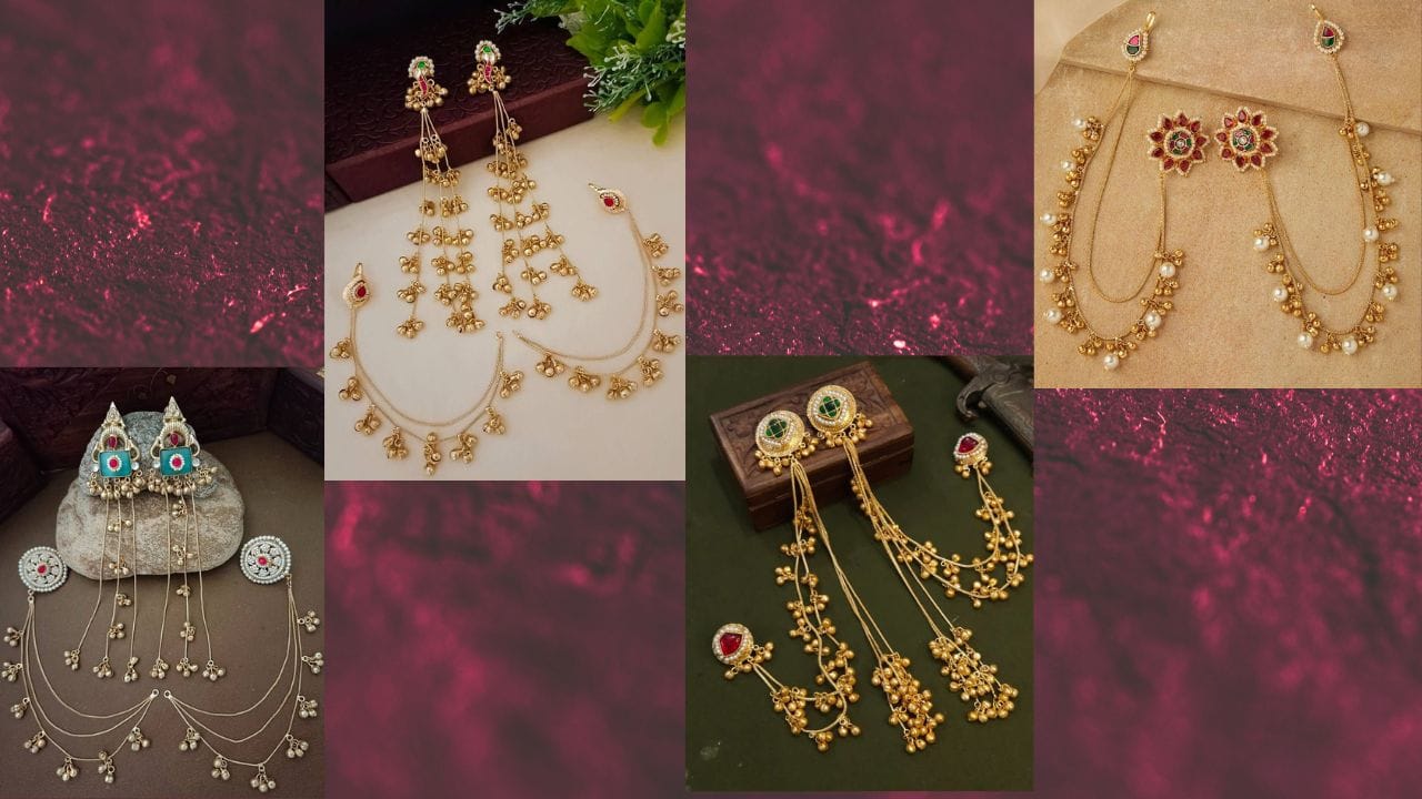 Kashmiri Earrings With Ghungroo and Earchains:
મોતી, રંગીન કુંદન અને નાજુક ઘૂઘરીઓથી શણગારેલા આ લાંબી કાશ્મીરી ઈયરરિંગ્સ લગ્ન, તહેવાર અથવા ખાસ પ્રસંગો માટે પરફેક્ટ છે. દરેક પગલાં સાથે ઘૂઘરીઓની ધ્વનિ અને ચમકતા કુંદન તમારા લુકને વધુ રોયલ અને આકર્ષક બનાવે છે. (Image Credit Source: Social Media)