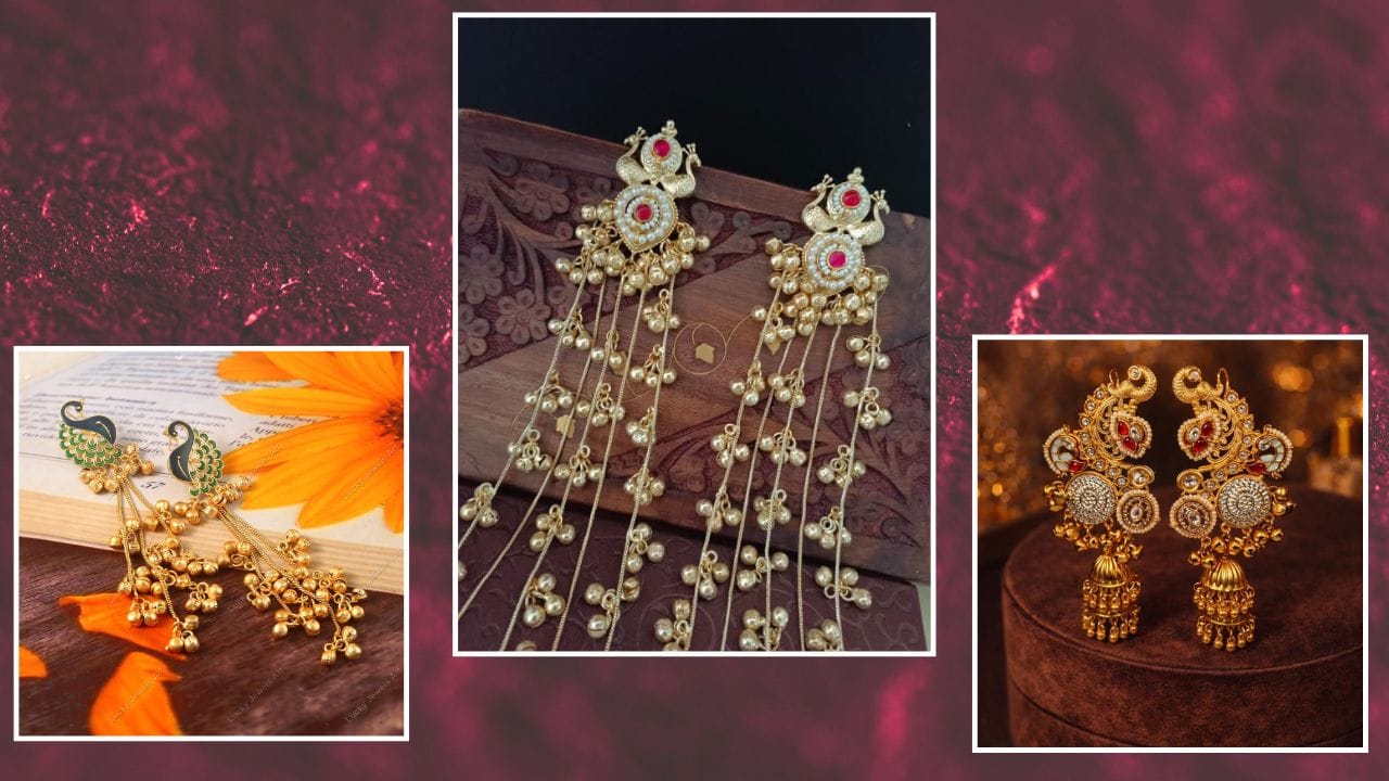 અનોખા મોરાકારના Peacock Kashmiri Earring જેમાં અલગ અલગ મોતી, ઘૂઘરીઓ અને ચમકતા કુંદન સ્ટડ્સ શામેલ છે. આ ઈયરરિંગ્સ કાશ્મીરી હેરિટેજ જ્વેલરીની સુંદર અને પરંપરાગત ભવ્યતા સંપૂર્ણ રીતે પ્રદર્શિત કરે છે. (Image Credit Source: Social Media)