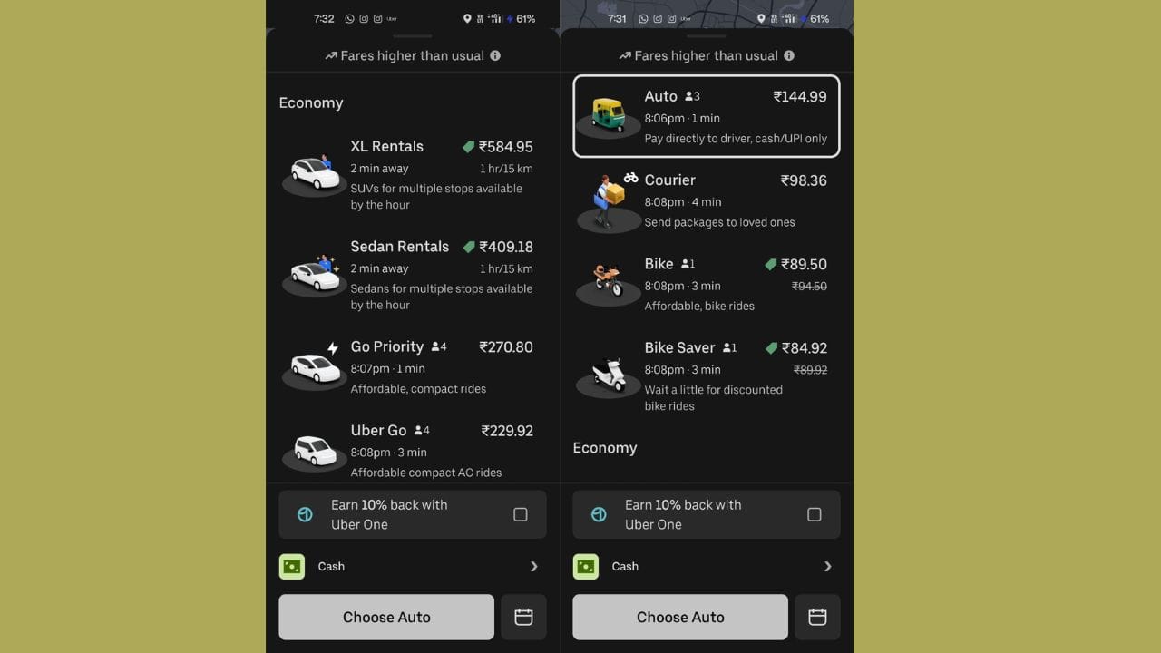 ઉબેર પર TV9 ગુજરાતીથી જૂના વાડજ જવા માટે ઓટોનું ભાડું ₹145 છે. બાઇક રાઇડ માટે ₹90 અને ઉબેર ગો (કાર) માટે ₹230 ભાડું નિર્ધારિત કરવામાં આવ્યું છે.