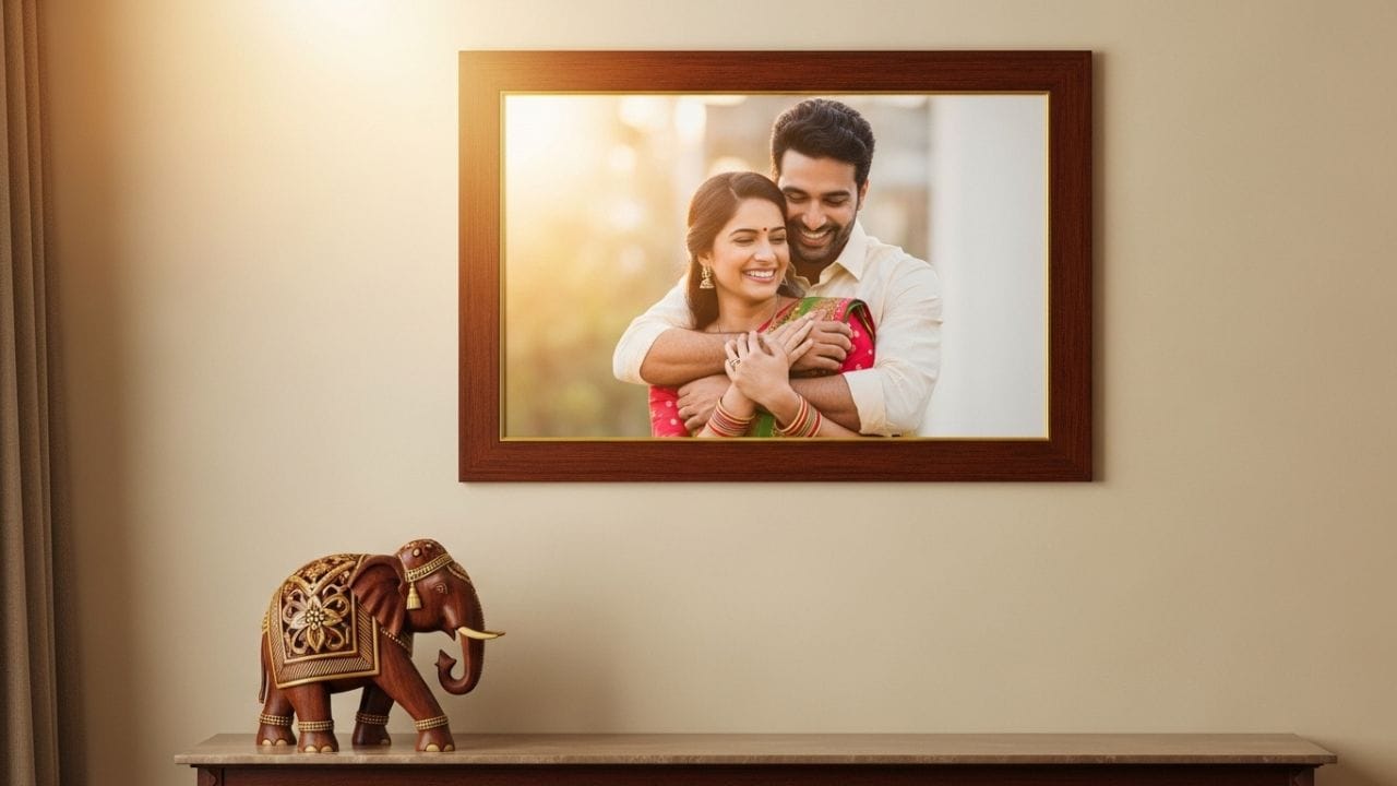 ઘરમાં દક્ષિણ દિશામાં ફોટા લગાવવાનું ઘણા લોકો પસંદ કરે છે, પરંતુ વાસ્તુ મુજબ પતિ-પત્નીનો ફોટો અહીં રાખવો યોગ્ય માનાતો નથી. માન્યતા છે કે આ દિશા પૂર્વજો સાથે જોડાયેલી હોવાથી અહીં કપલ ફોટો મૂકવાથી દાંપત્ય જીવનમાં અડચણો આવી શકે છે, તેથી દક્ષિણ દિશા ટાળવી સારી ગણાય છે. ( Credits: AI Generated )